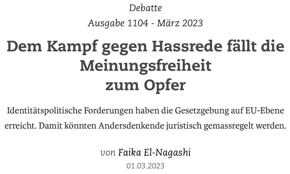 Article [Schweizer Monat | German]: When fighting hate speech comes at the cost of free speech