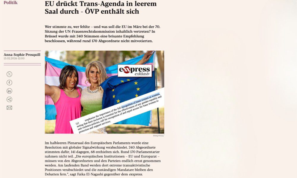 Exxpress [German]: EU pushes through trans agenda in empty chamber – Austrian People’s Party abstains