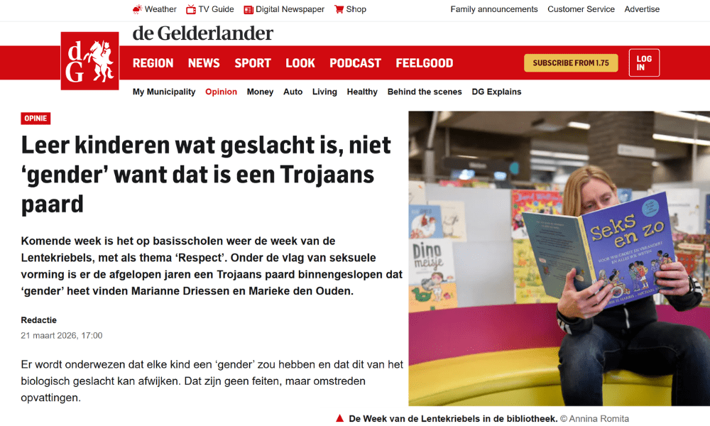 De Gelderlander [Dutch]: Teach children what ‘sex’ is, not ‘gender’, because that is a Trojan horse