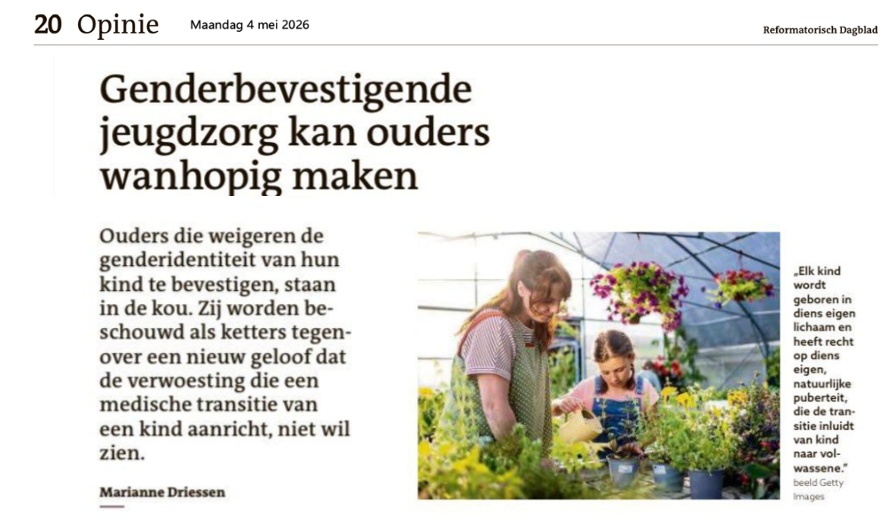 Reformatorisch Dagblad [Dutch]: Gender-affirming youth care can make parents desperate